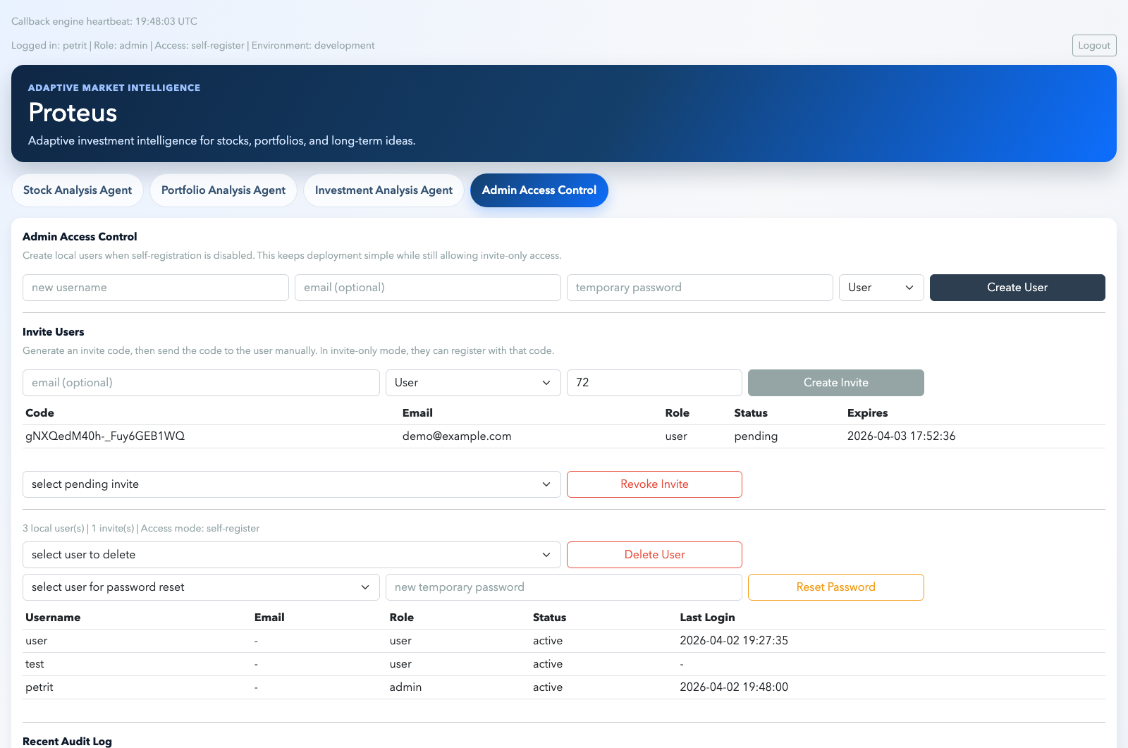 Proteus admin access control view for users, invitations, and access management