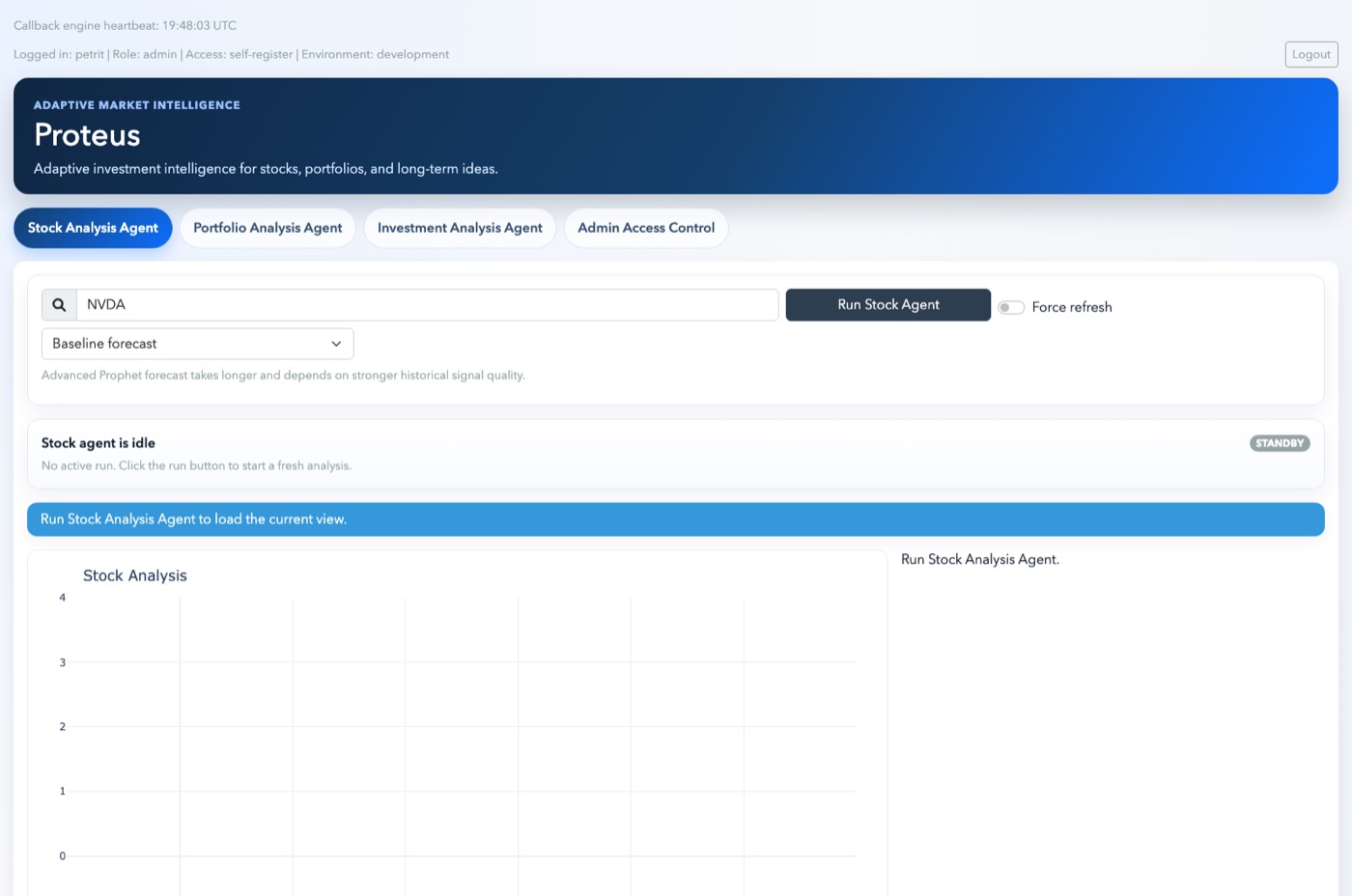 Proteus stock analysis workspace with ticker input and analysis panel